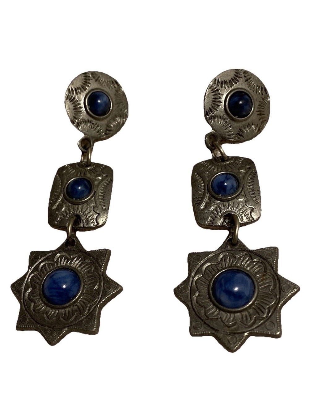 Vintage Dangle Earrings Pierced Star Engraved Southwestern Blue Silver Pewter